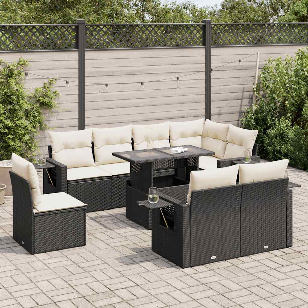 9 Piece Garden Sofa Set with Cushions Black Poly Rattan