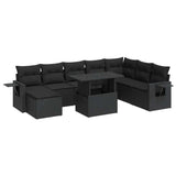 9 Piece Garden Sofa Set with Cushions Black Poly Rattan - Front View