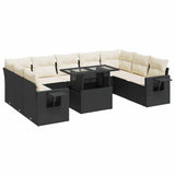 10 Piece Garden Sofa Set with Cushions Black Poly Rattan - Front View