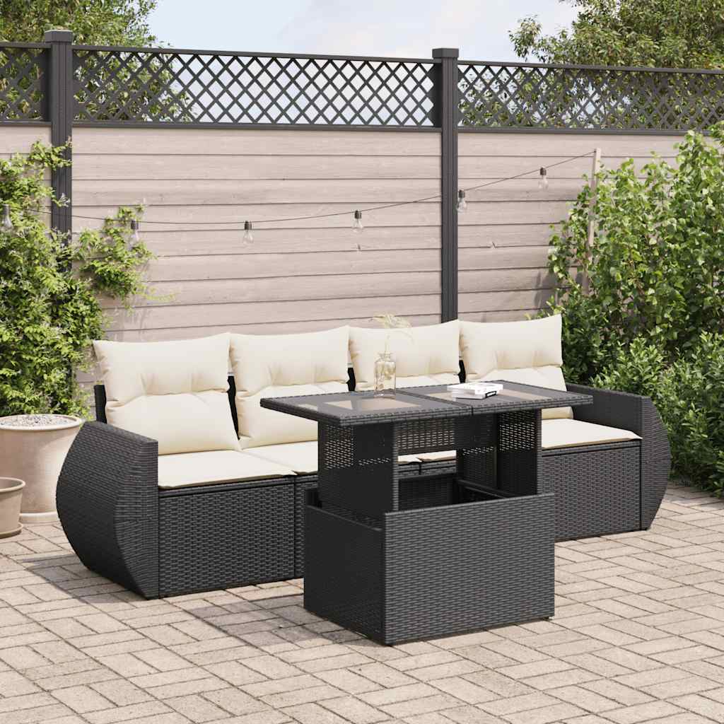 5 Piece Garden Sofa Set with Cushions Black Poly Rattan