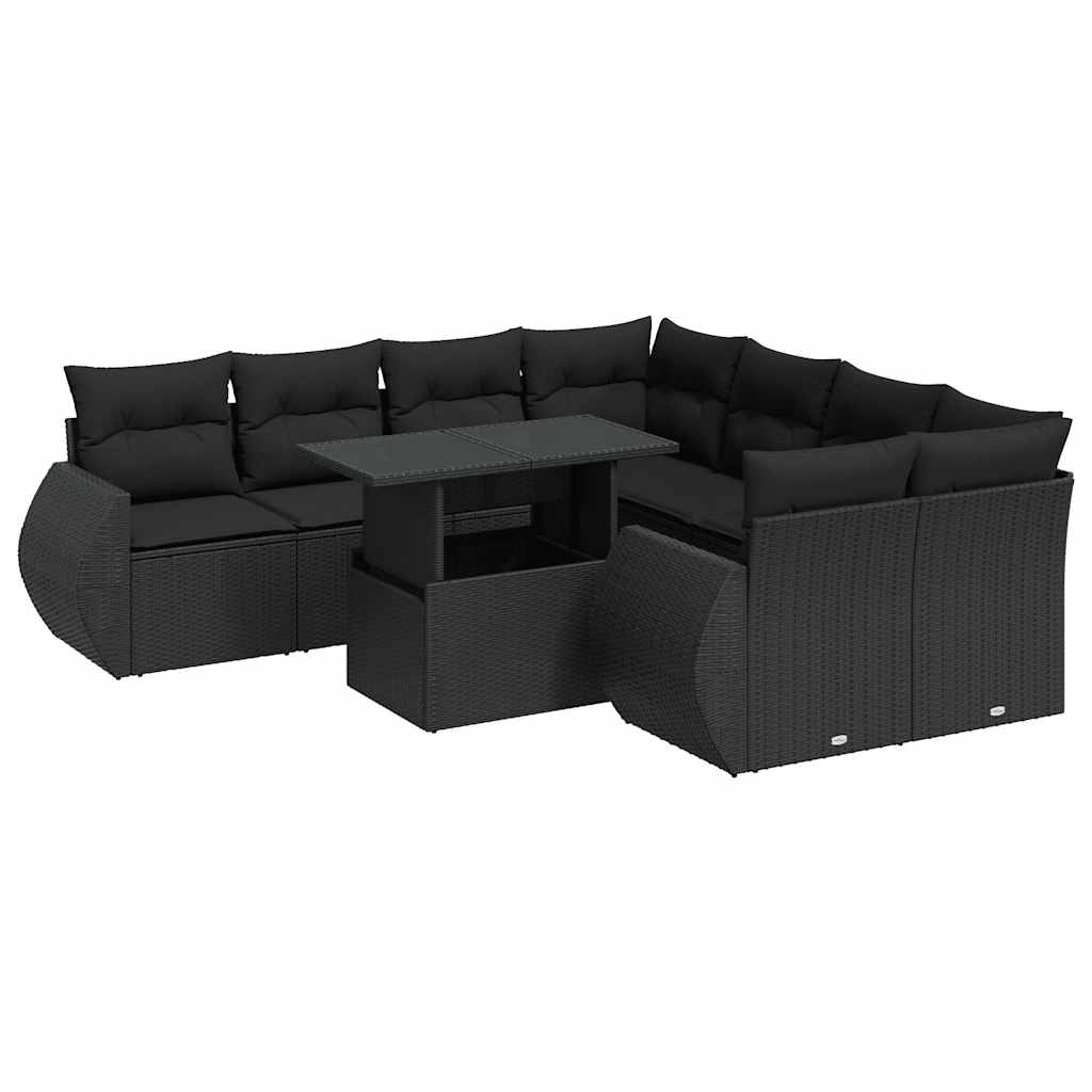 9 Piece Garden Sofa Set with Cushions Black Poly Rattan