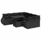 9 Piece Garden Sofa Set with Cushions Black Poly Rattan - Front View