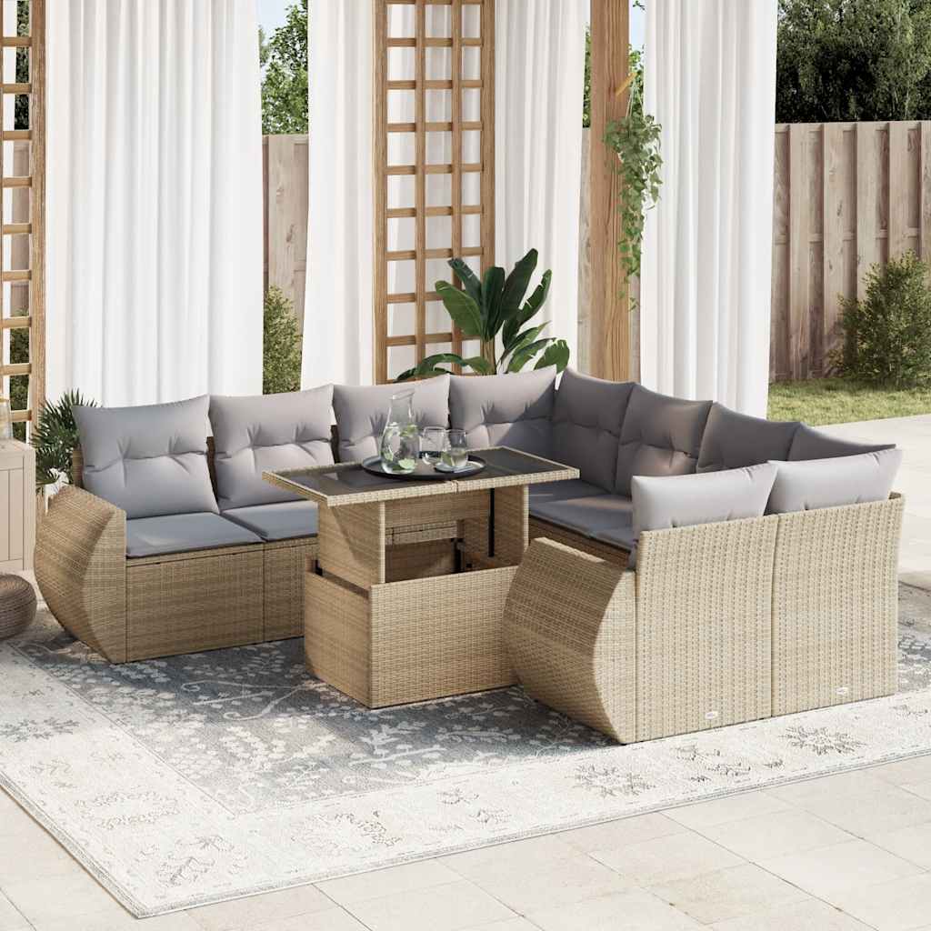 9 Piece Garden Sofa Set with Cushions Beige Poly Rattan