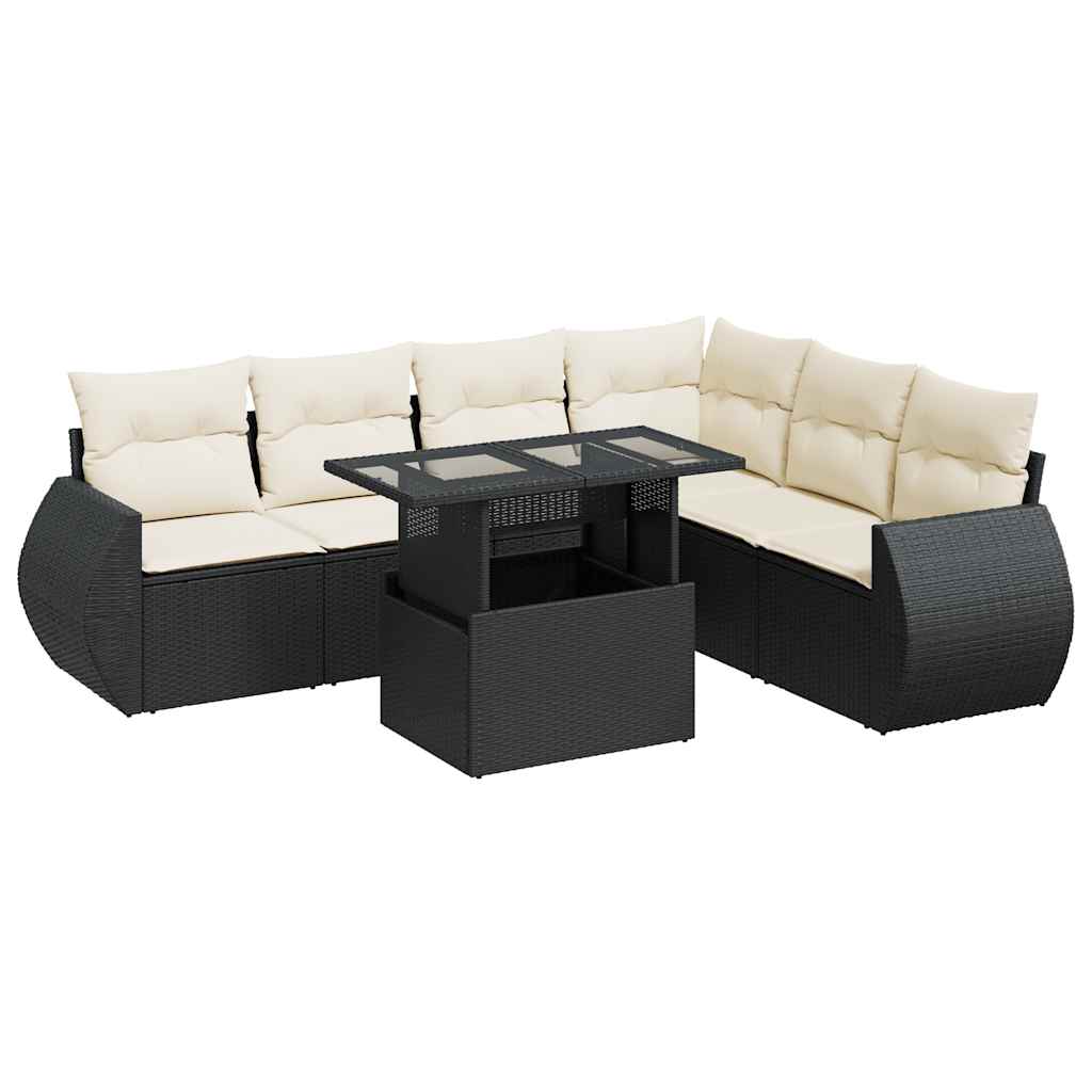 7 Piece Garden Sofa Set with Cushions Black Poly Rattan
