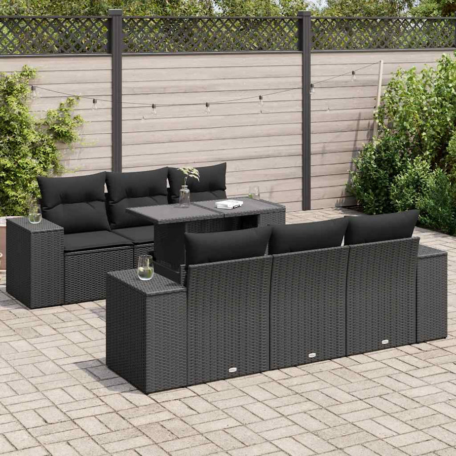 7 Piece Garden Sofa Set with Cushions Black Poly Rattan