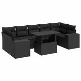 8 Piece Garden Sofa Set with Cushions Black Poly Rattan - Front View
