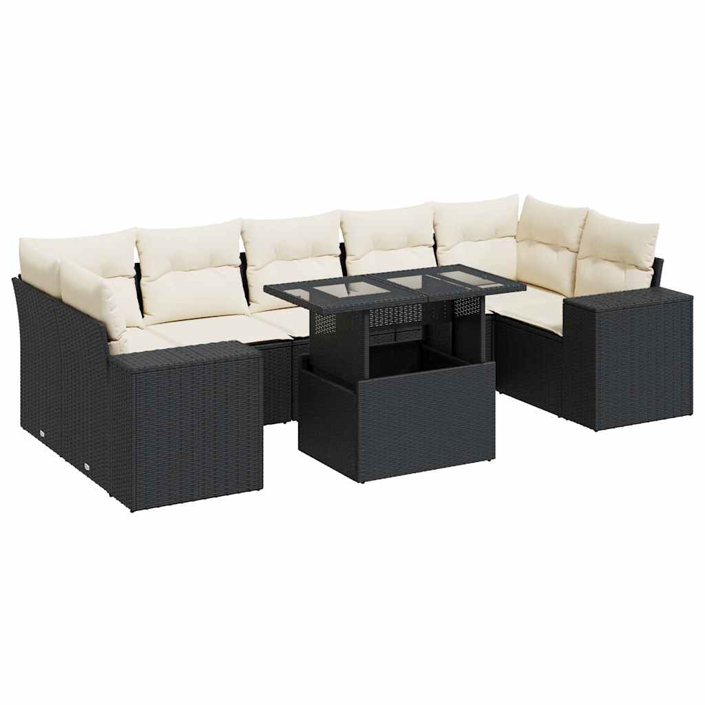8 Piece Garden Sofa Set with Cushions Black Poly Rattan
