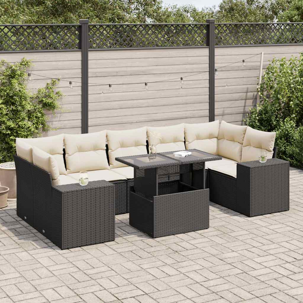 8 Piece Garden Sofa Set with Cushions Black Poly Rattan
