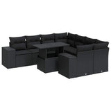 9 Piece Garden Sofa Set with Cushions Black Poly Rattan - Front View