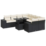 9 Piece Garden Sofa Set with Cushions Black Poly Rattan - Front View