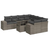 9 Piece Garden Sofa Set with Cushions Grey Poly Rattan - Front View