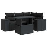 5 Piece Garden Sofa Set with Cushions Black Poly Rattan - Front View