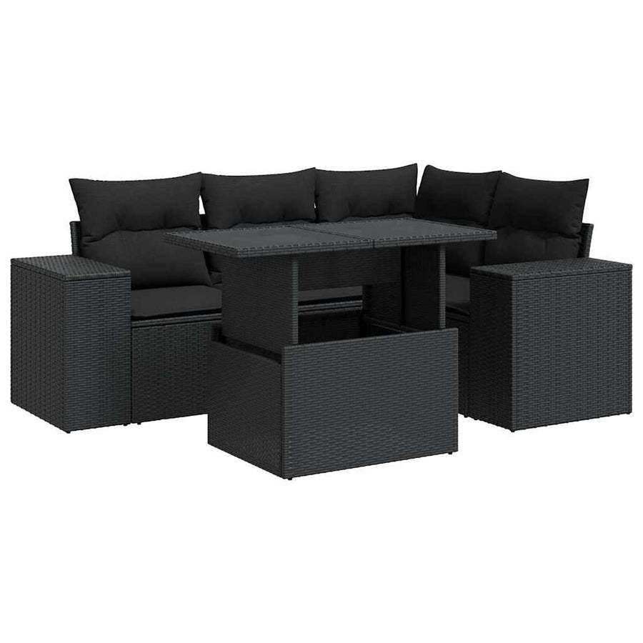 5 Piece Garden Sofa Set with Cushions Black Poly Rattan