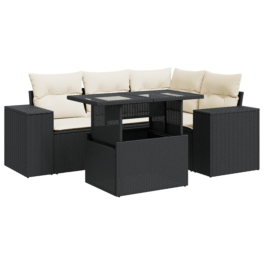 5 Piece Garden Sofa Set with Cushions Black Poly Rattan