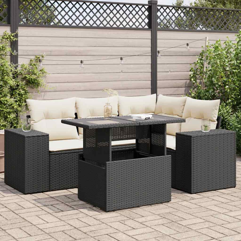 5 Piece Garden Sofa Set with Cushions Black Poly Rattan