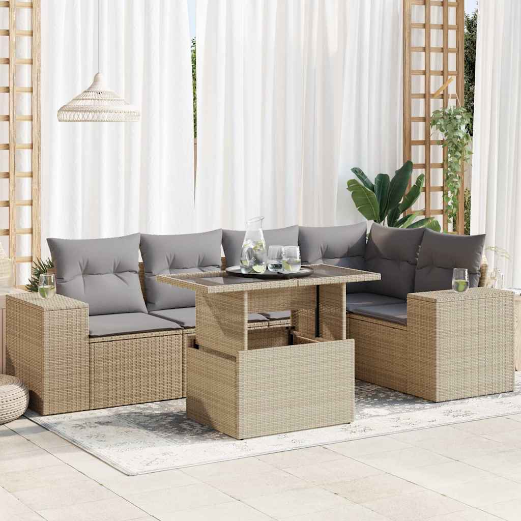 6 Piece Garden Sofa Set with Cushions Beige Poly Rattan
