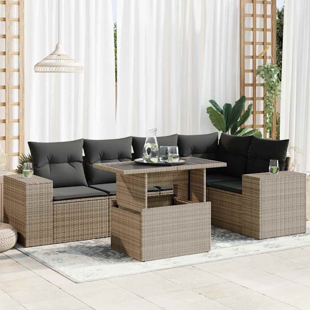 6 Piece Garden Sofa Set with Cushions Grey Poly Rattan