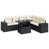 7 Piece Garden Sofa Set with Cushions Black Poly Rattan - Front View