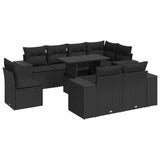 9 Piece Garden Sofa Set with Cushions Black Poly Rattan - Front View