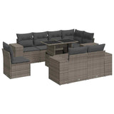 9 Piece Garden Sofa Set with Cushions Grey Poly Rattan - Front View