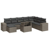 9 Piece Garden Sofa Set with Cushions Grey Poly Rattan - Front View