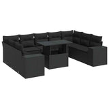 10 Piece Garden Sofa Set with Cushions Black Poly Rattan - Front View