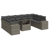 10 Piece Garden Sofa Set with Cushions Grey Poly Rattan - Front View