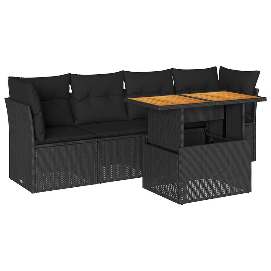 5 Piece Garden Sofa Set with Cushions Black Poly Rattan