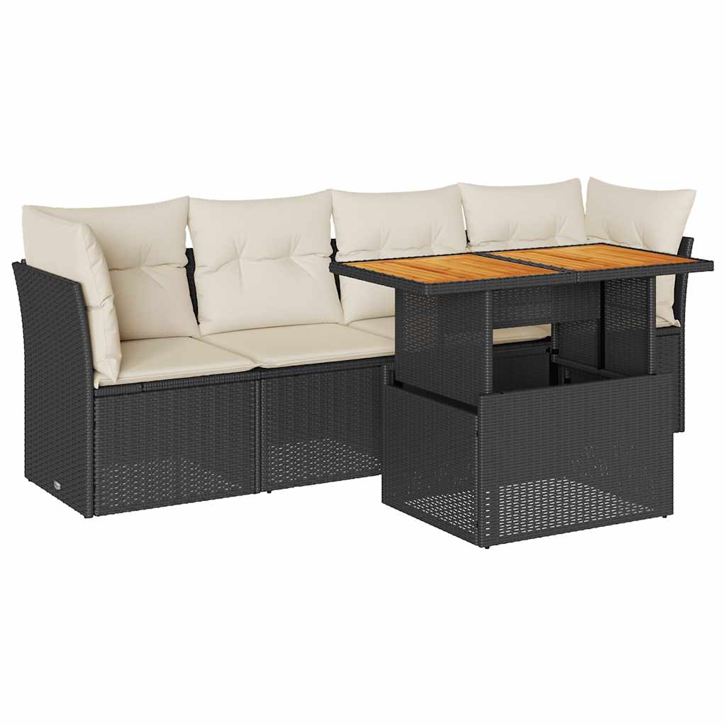 5 Piece Garden Sofa Set with Cushions Black Poly Rattan