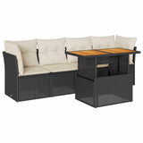 5 Piece Garden Sofa Set with Cushions Black Poly Rattan