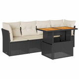 5 Piece Garden Sofa Set with Cushions Black Poly Rattan - Front View