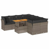 9 Piece Garden Sofa Set with Cushions Grey Poly Rattan - Front View