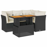 5 Piece Garden Sofa Set with Cushions Black Poly Rattan - Front View