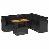 7 Piece Garden Sofa Set with Cushions Black Poly Rattan - Front View