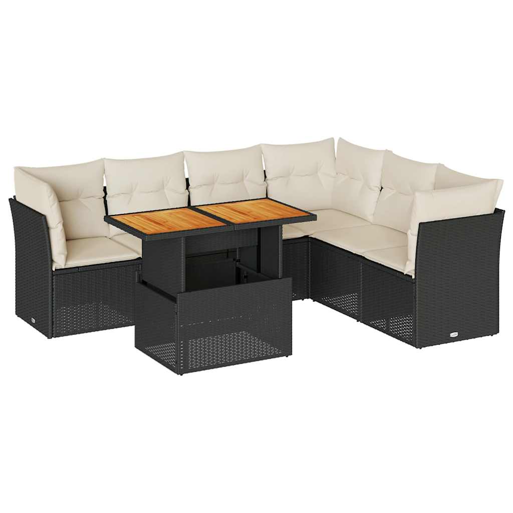 7 Piece Garden Sofa Set with Cushions Black Poly Rattan