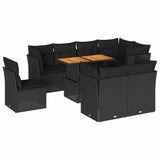 9 Piece Garden Sofa Set with Cushions Black Poly Rattan - Front View
