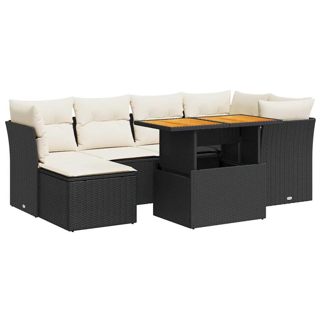 7 Piece Garden Sofa Set with Cushions Black Poly Rattan