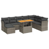 9 Piece Garden Sofa Set with Cushions Grey Poly Rattan - Front View