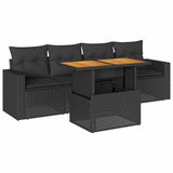 5 Piece Garden Sofa Set with Cushions Black Poly Rattan - Front View