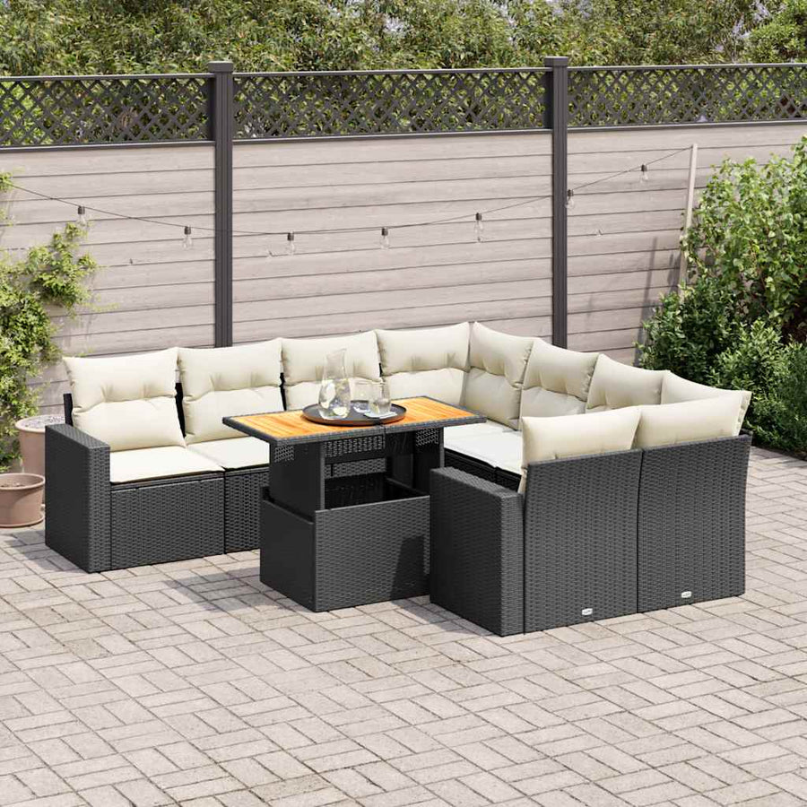 9 Piece Garden Sofa Set with Cushions Black Poly Rattan