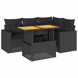 5 Piece Garden Sofa Set with Cushions Black Poly Rattan - Front View