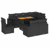 9 Piece Garden Sofa Set with Cushions Black Poly Rattan - Front View