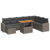 9 Piece Garden Sofa Set with Cushions Grey Poly Rattan - Front View