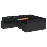 11 Piece Garden Sofa Set with Cushions Black Poly Rattan - Front View