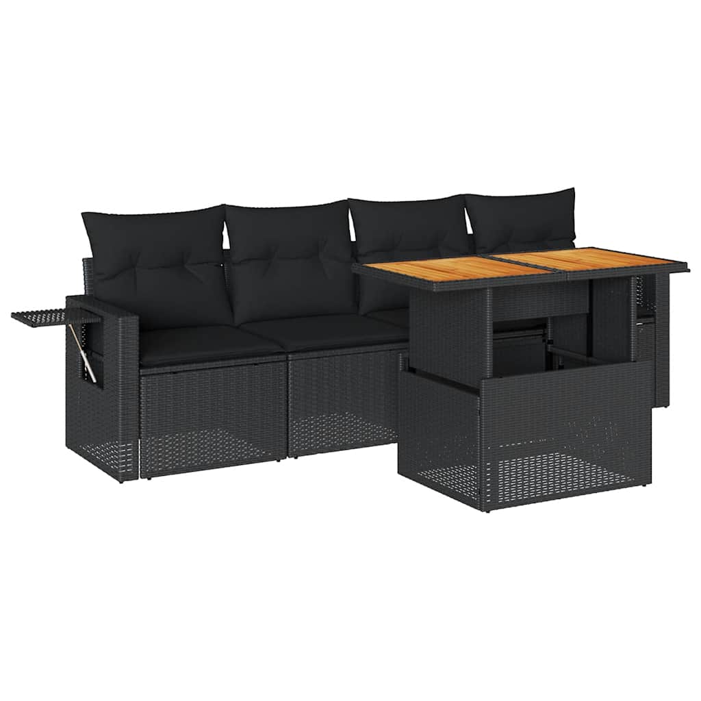 5 Piece Garden Sofa Set with Cushions Black Poly Rattan