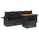 5 Piece Garden Sofa Set with Cushions Black Poly Rattan - Front View