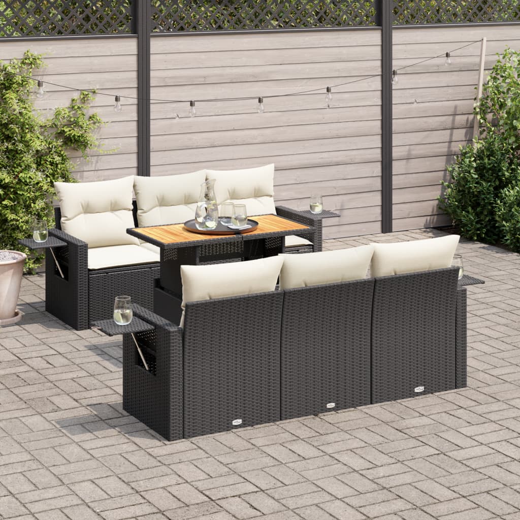 7 Piece Garden Sofa Set with Cushions Black Poly Rattan