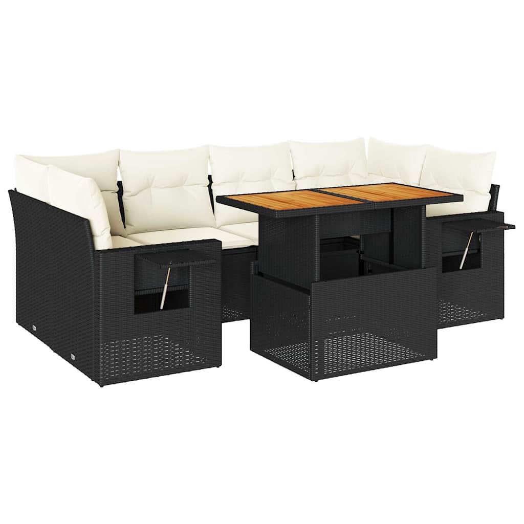 7 Piece Garden Sofa Set with Cushions Black Poly Rattan