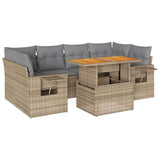7 Piece Garden Sofa Set with Cushions Beige Poly Rattan - Front View