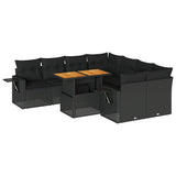 9 Piece Garden Sofa Set with Cushions Black Poly Rattan - Front View
